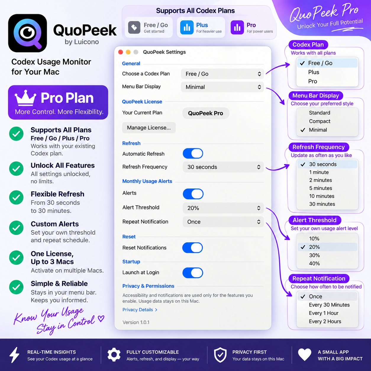 QuoPeek Pro plan settings and controls